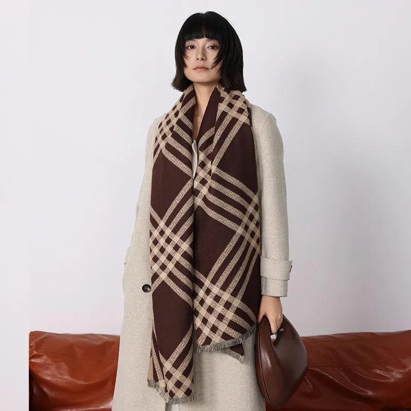 Cashmere-like scarf with tassel trim in brown colour showing 185cm length