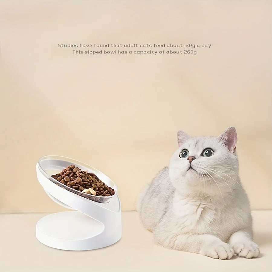 White elevated clear plastic cat food bowl with tilted design for anti-vomit feeding