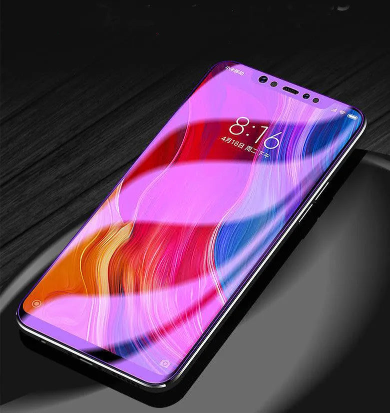 Vivo smartphone tempered glass screen protector in violet light colour showing full-screen coverage