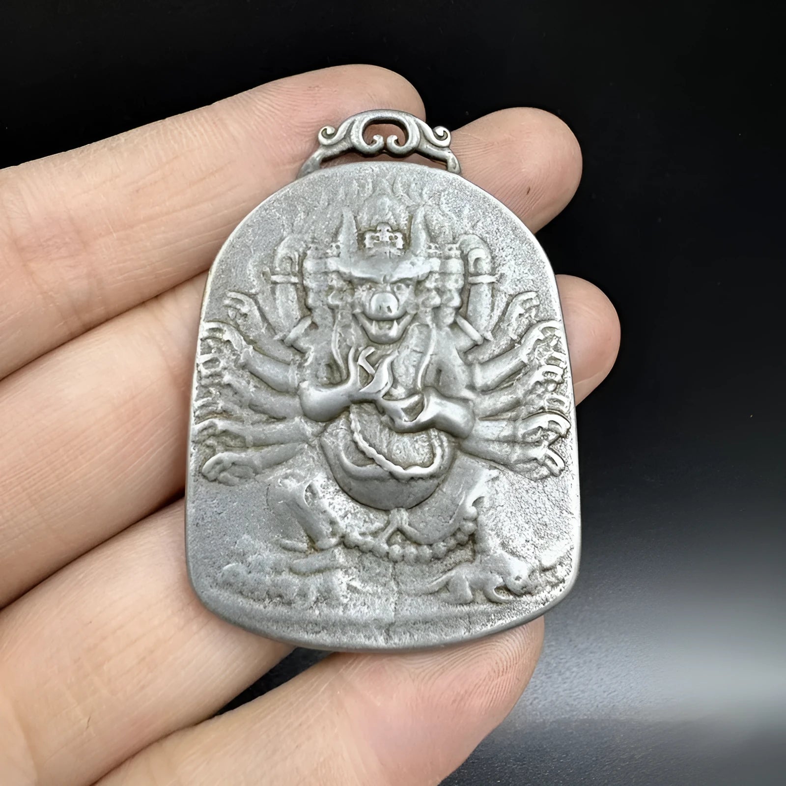 Iron geometric Chinese style hanging pendant ornament with Aryaacalanatha Yamantaka deity centrepiece