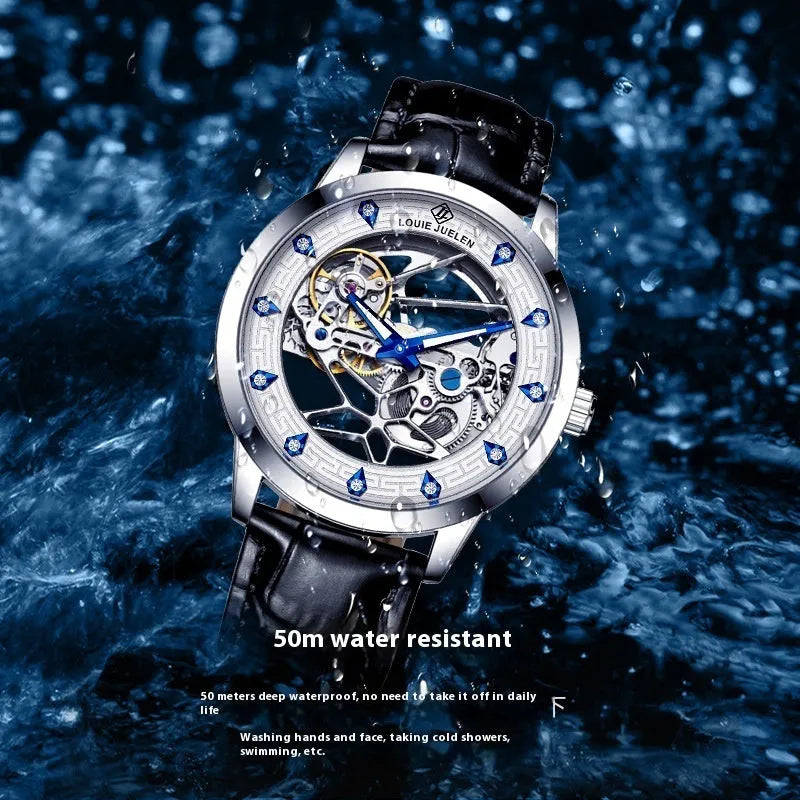 Men's silver case mechanical watch with white dial, blue hands, and black genuine leather strap.
