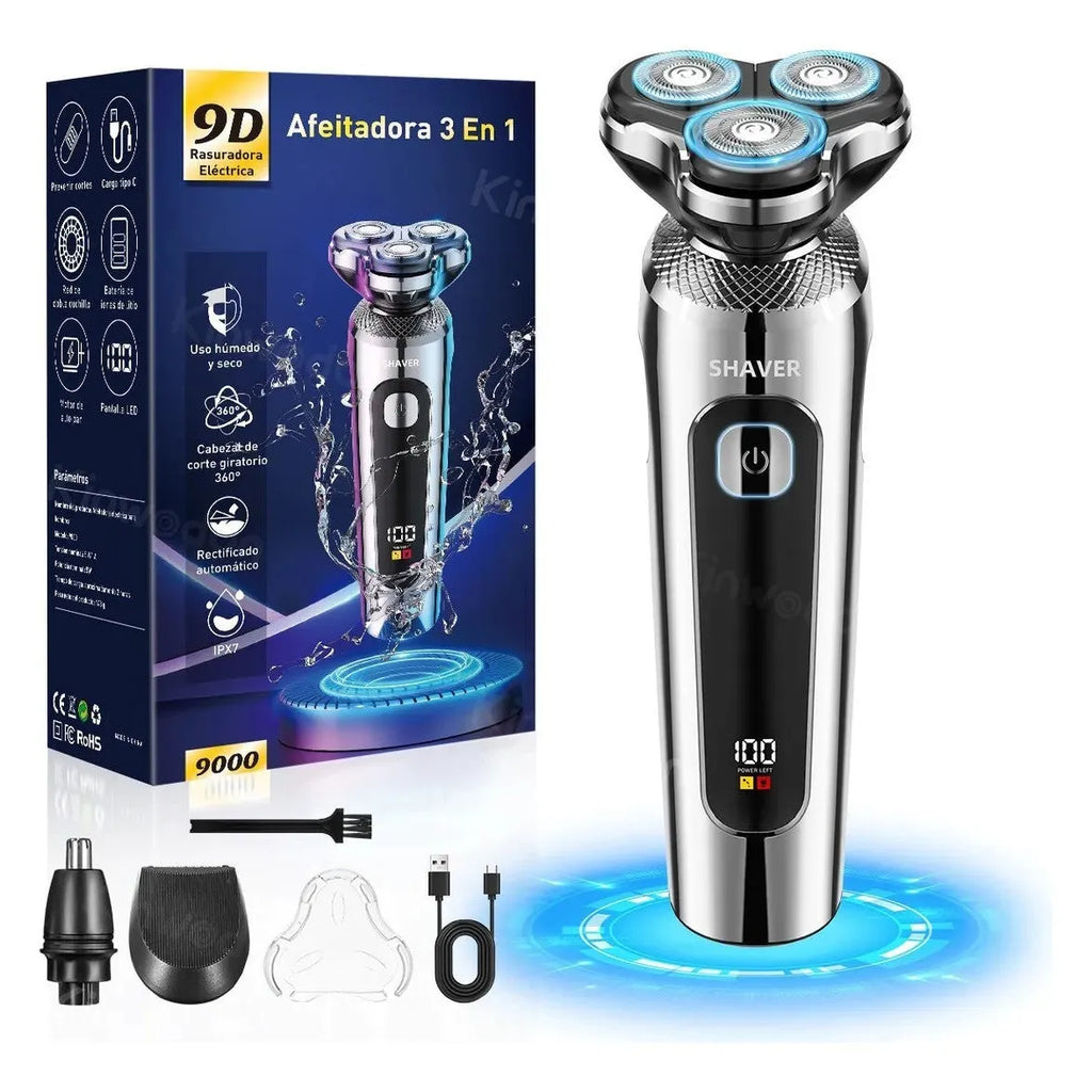 USB rechargeable beard trimmer with digital LED display and five-in-one comb base bracket.
