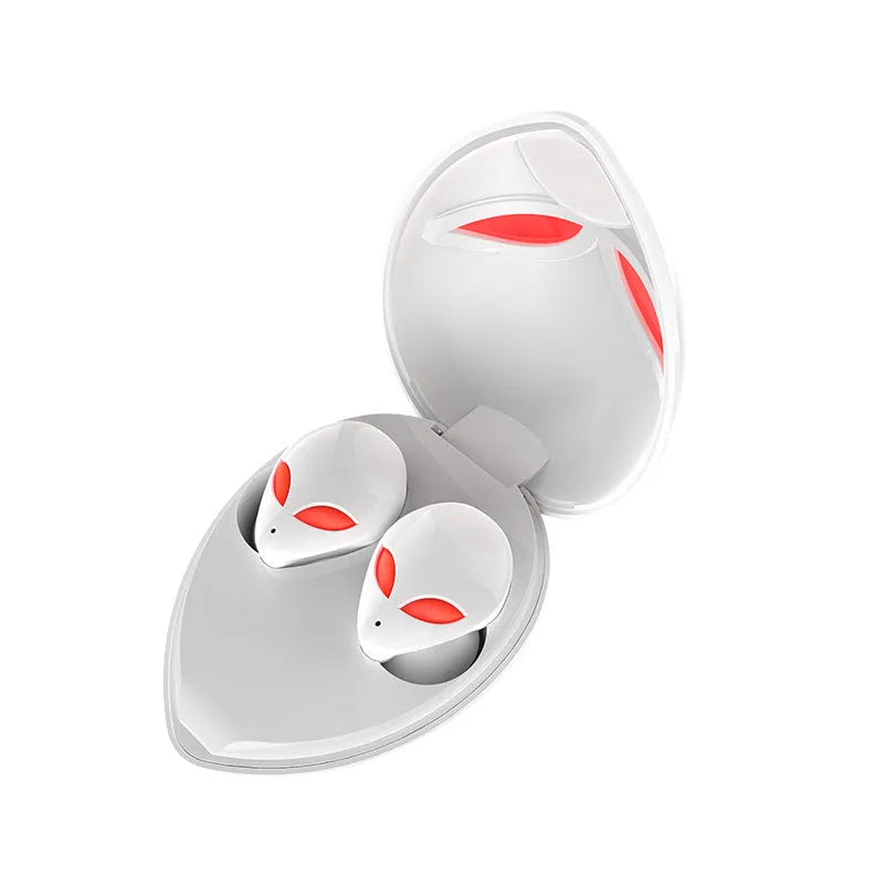 Creative Outer T8 Starman alien design Bluetooth headset with wireless charging case.