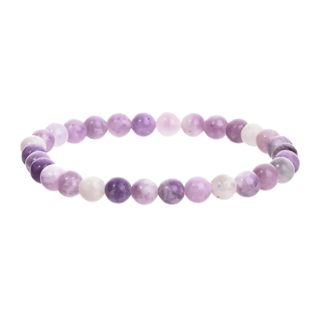 Purple natural stone geometric bead elastic bracelet showing four bead size options