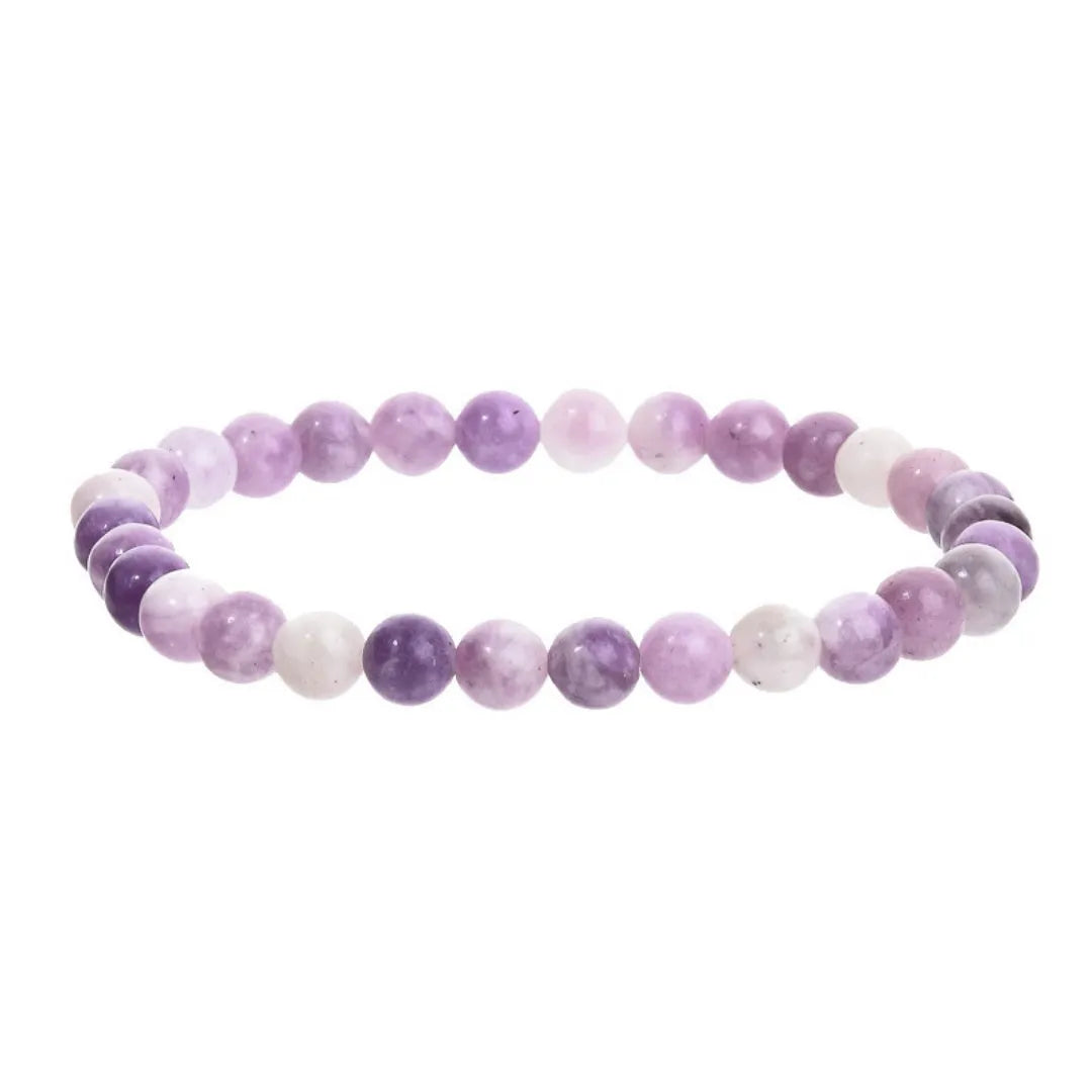Purple natural stone geometric bead elastic bracelet showing four bead size options
