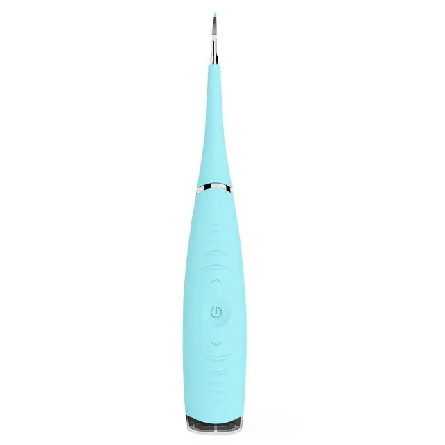 Pink and blue waterproof electric tooth scaler with integrated handle on a bathroom counter.