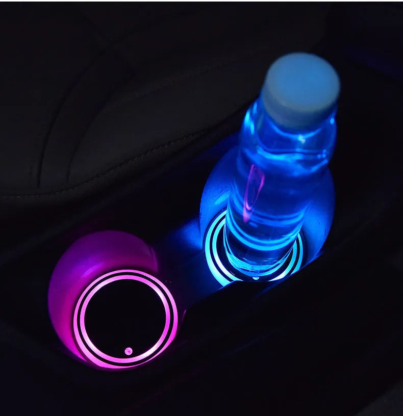 Car cup holder LED light coaster showing 68mm diameter and seven colour lighting options