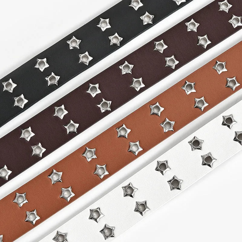 Women's fashion stars decorative double-row belt in imitation leather with alloy buckle, 110x3.3cm