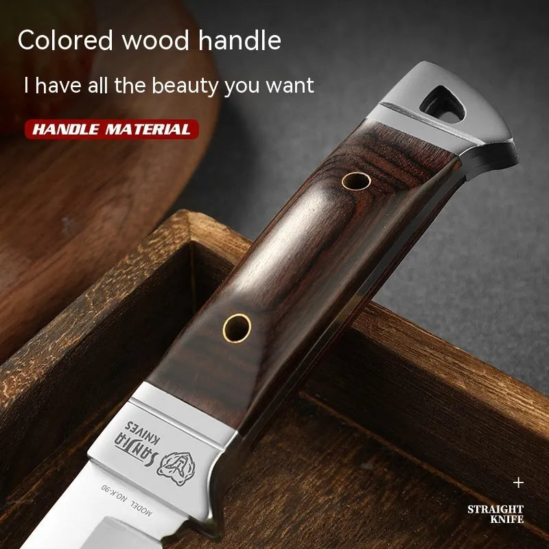 Camping portable fruit knife with stainless steel blade and brown leather case.