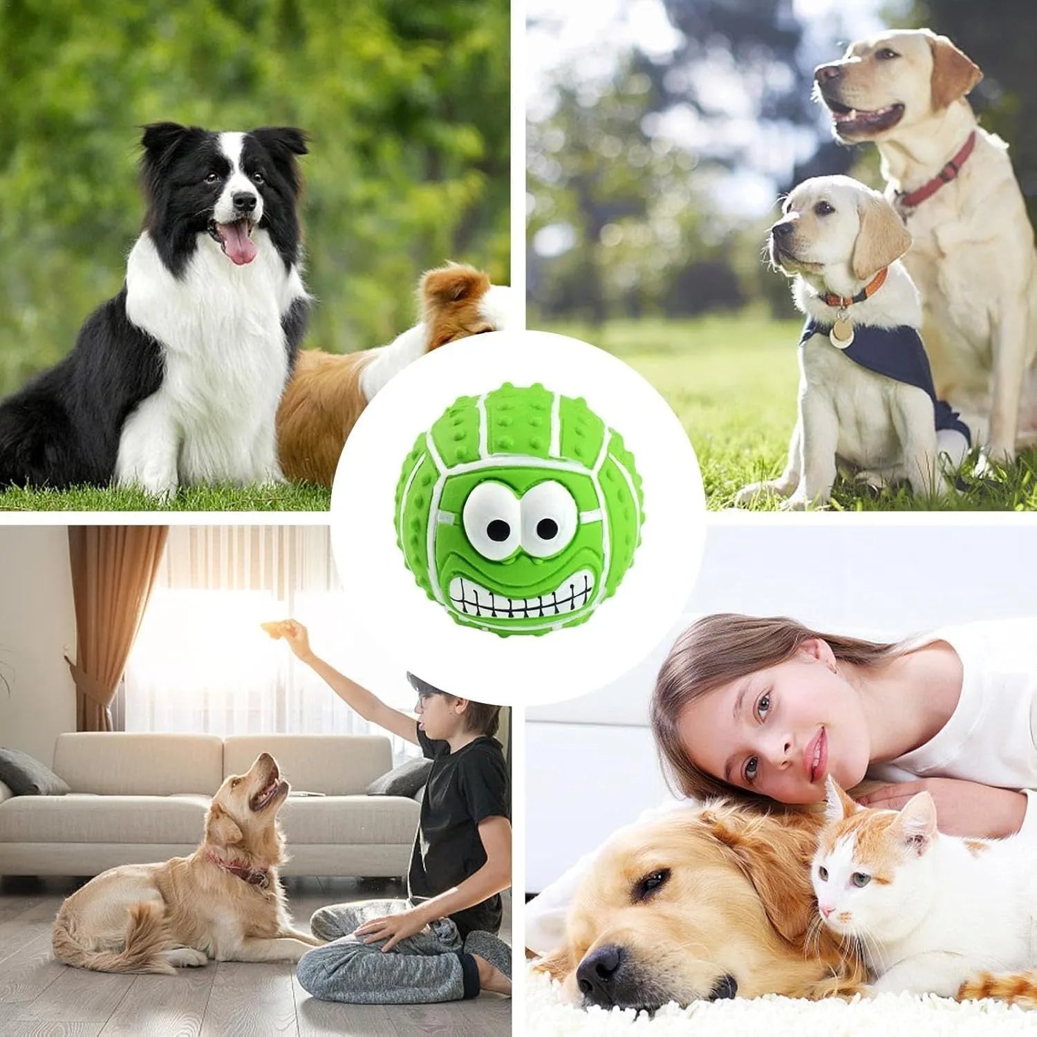 Green latex dog ball with smile face design, suitable for small and medium pets