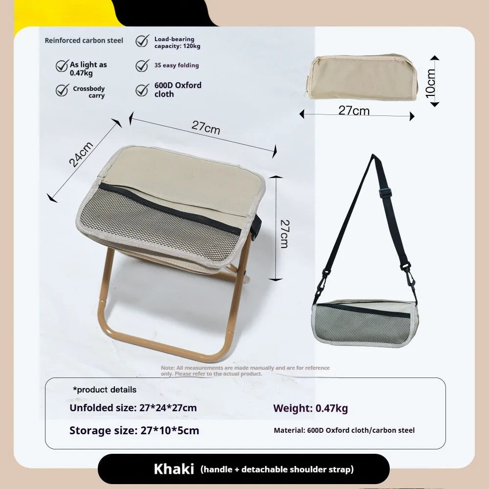Lightweight foldable outdoor camp stool in khaki colour, shown in folded and unfolded positions.