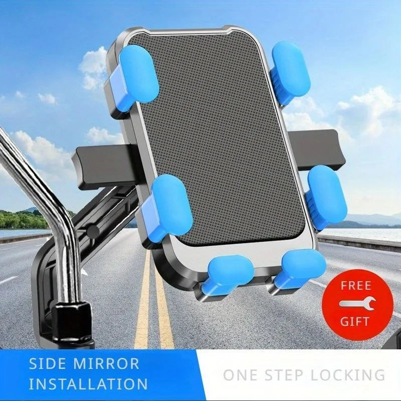 Aluminum alloy motorcycle bike phone holder with double adjustment joints attached to handlebar, blue finish