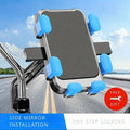 Aluminum alloy motorcycle bike phone holder with double adjustment joints attached to handlebar, blue finish