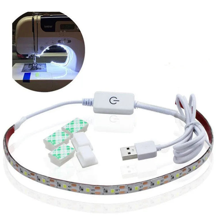 Photon Lighting flexible USB LED light strip bent into a curve showing its adhesive backing and touch control.