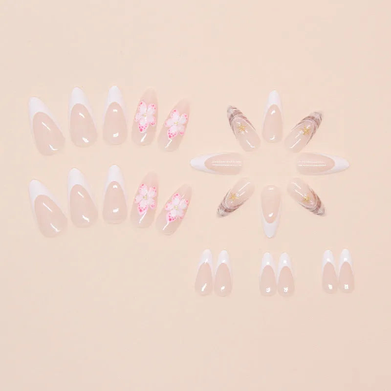 French style fake nails with rock pattern patch and W1764 simple flower design artificial nails