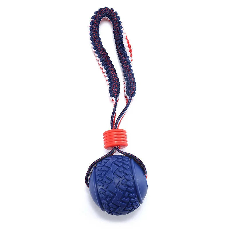 Blue and red durable rubber dog ball attached to a rope toy for small medium dogs