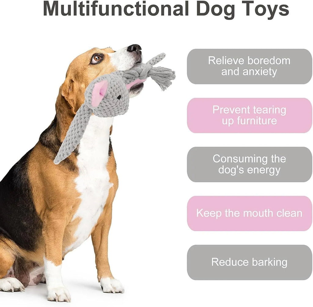 Soft plush dog toy shaped like an animal with an attached cotton rope, featuring a squeaker and crinkle paper inside.