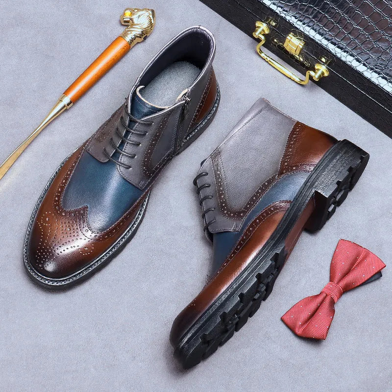 Coffee blue men's leather brogue ankle boots with carved stitching, round toe, and front lacing on a rubber sole.