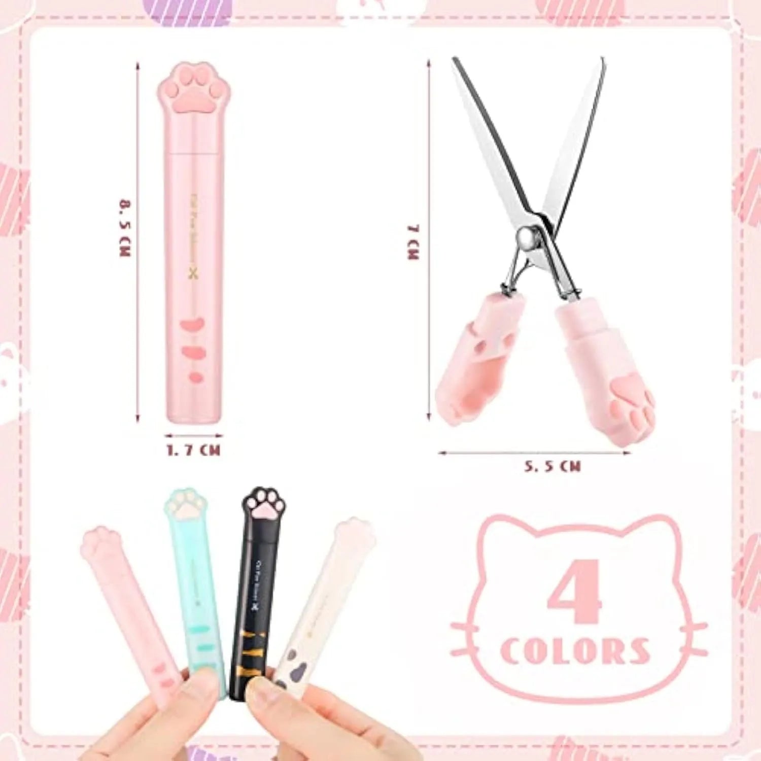 Cat paw design mini folding scissors in pink, showing stainless steel blades and compact size.