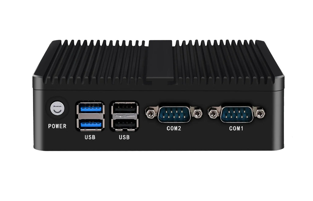 Compact silver industrial fanless mini-host computer with connectivity ports on side.