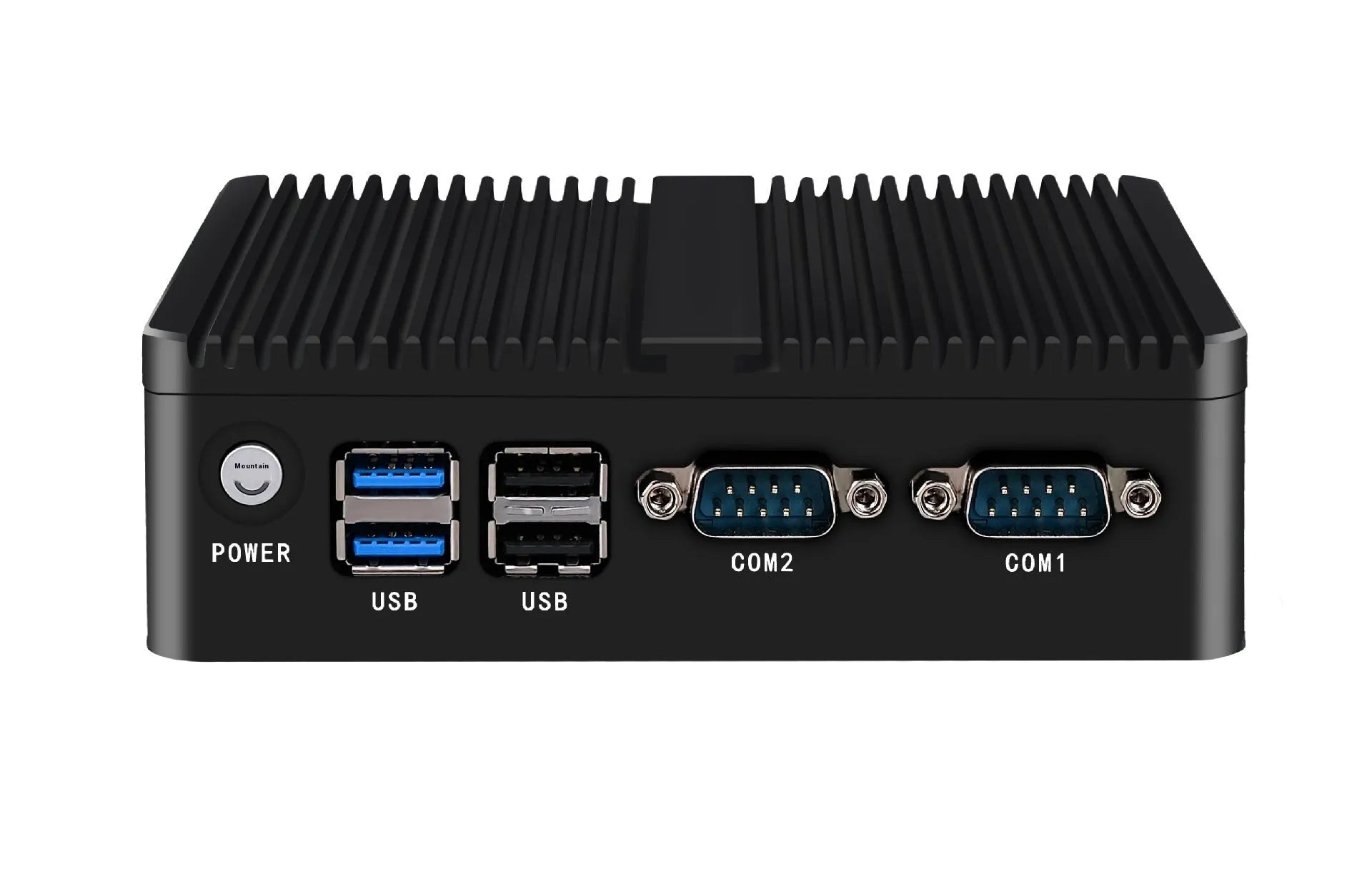 Compact silver industrial fanless mini-host computer with connectivity ports on side.