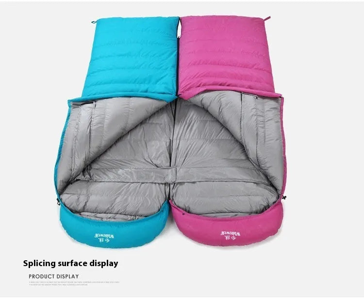 Black outdoor sleeping bag with envelope structure, filled with white goose down.