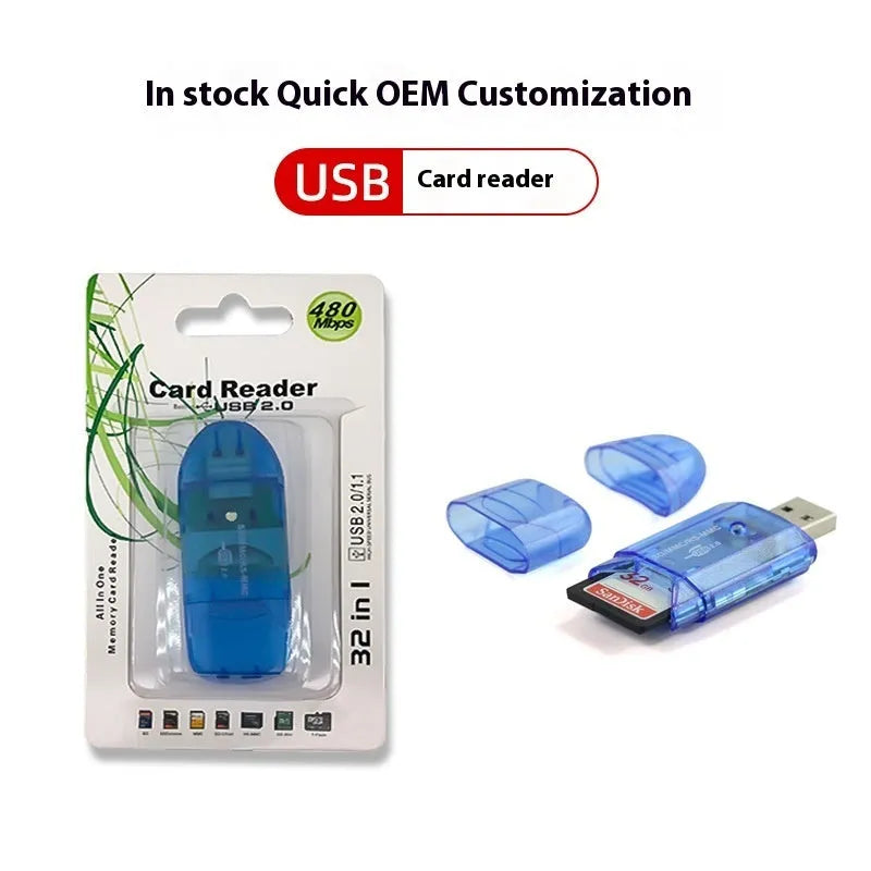 Transparent USB card reader with LED light option on desk next to memory cards