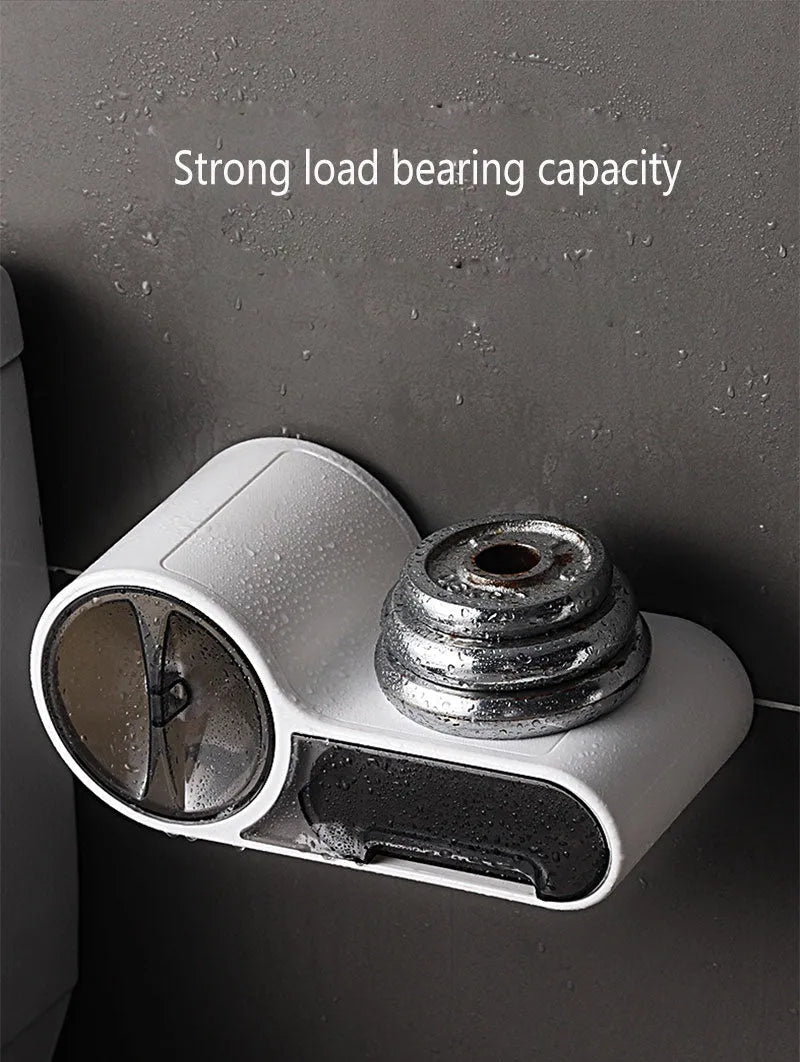 White plastic bathroom roll holder with streamlined curve design mounted on wall