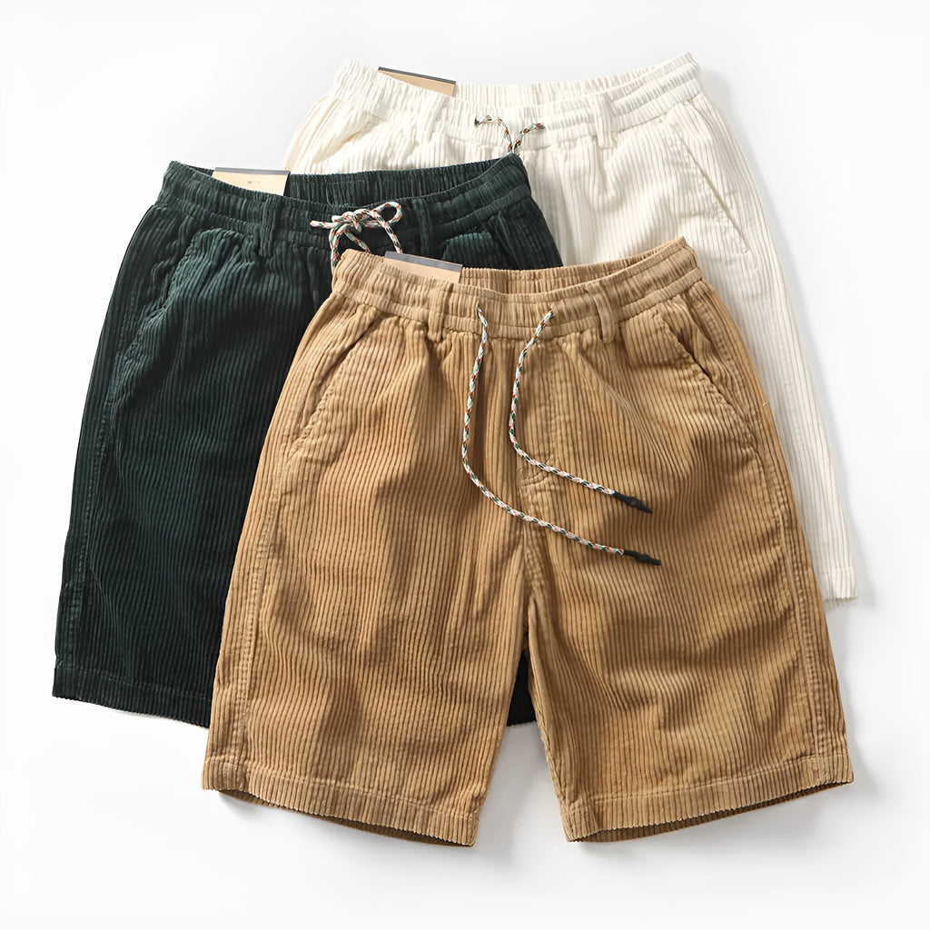 Man wearing khaki retro-style American cargo shorts made from polyester fabric.