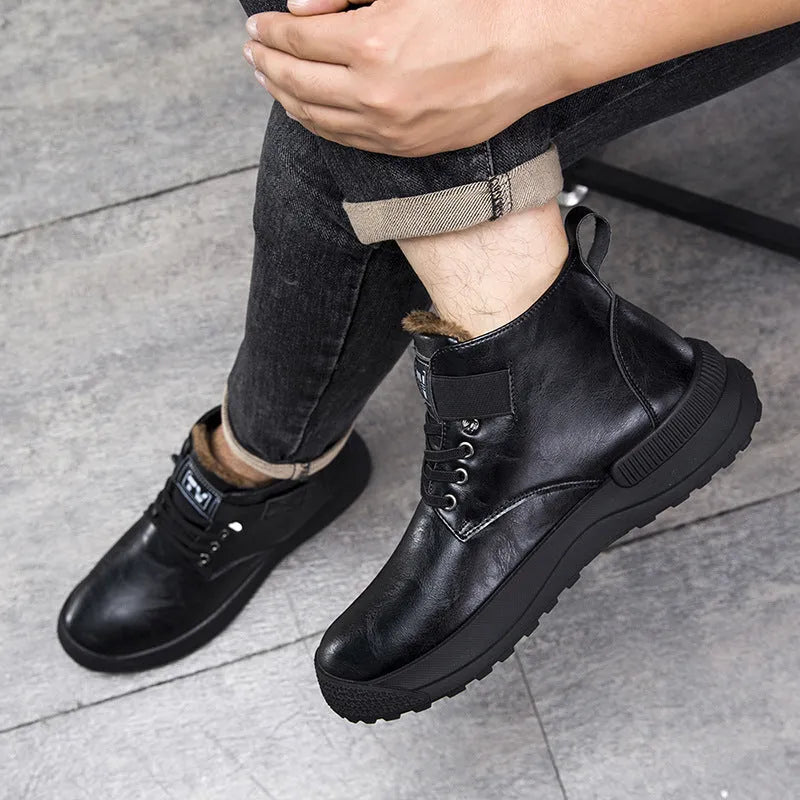 Men's black Martin platform boots with high-top design and velvet PU upper.