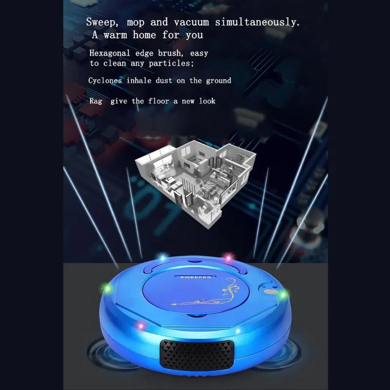 Lazy Smart floor sweeping robot vacuum cleaner in blue, black, or white colour on a hard tile floor