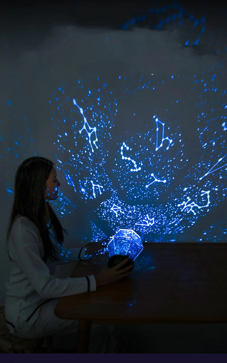 Children's rotating star night light projecting coloured stars on bedroom wall