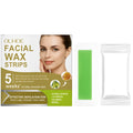 Box of gentle facial hair removal wax paper strips and cleansing wipes for eyebrows and upper lip