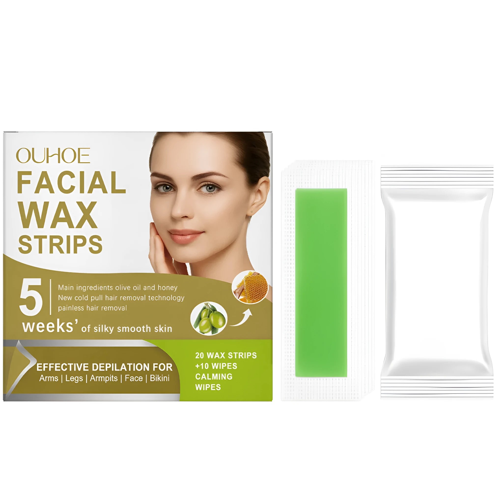 Box of gentle facial hair removal wax paper strips and cleansing wipes for eyebrows and upper lip