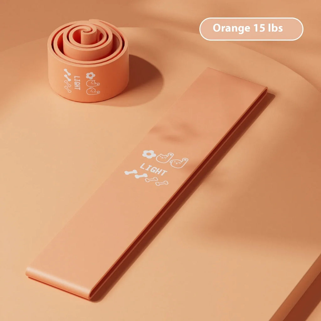 Set of four colour-coded plastic resistance bands for fitness: pink, orange, beige, and green.
