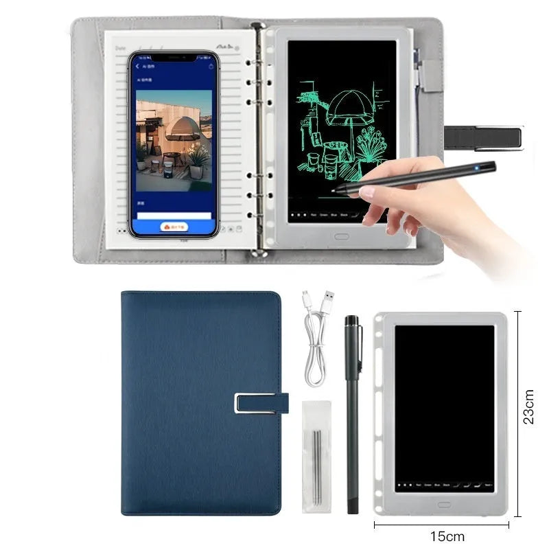 85-inch electronic writing pad with smart pen on a stitching design surface in blue.