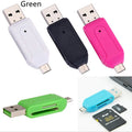 White OTG memory card reader with USB and micro USB connectors for phones and computers.