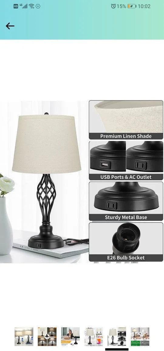 European-style alloy touch control bedside table lamp with USB charging port.