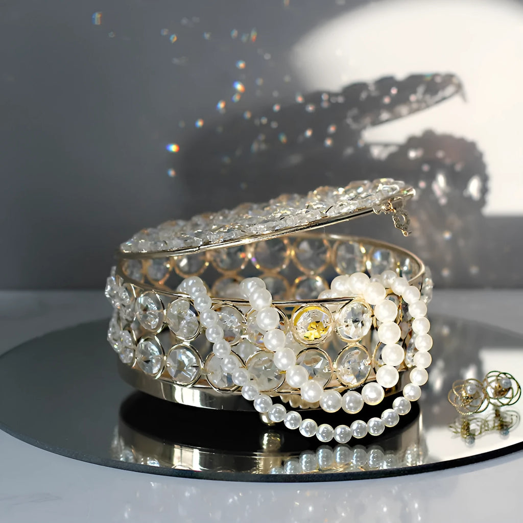 French gold metal jewellery box with crystal glass transparent lid, European style decorative design