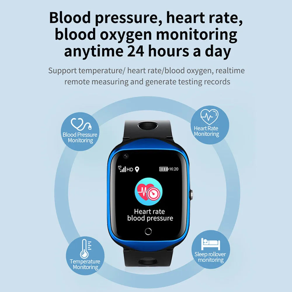 Black elderly safety smartwatch with square colour screen and silicone strap showing GPS and calling functions