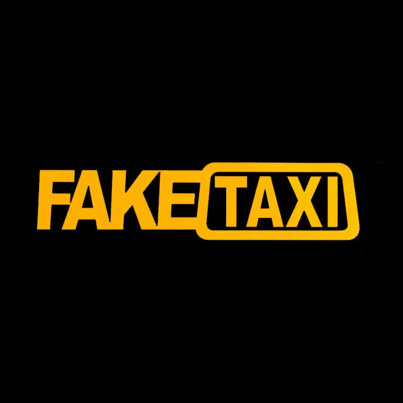 FAKE TAXI car warning sticker in waterproof PET material measuring 20 by 8 centimetres