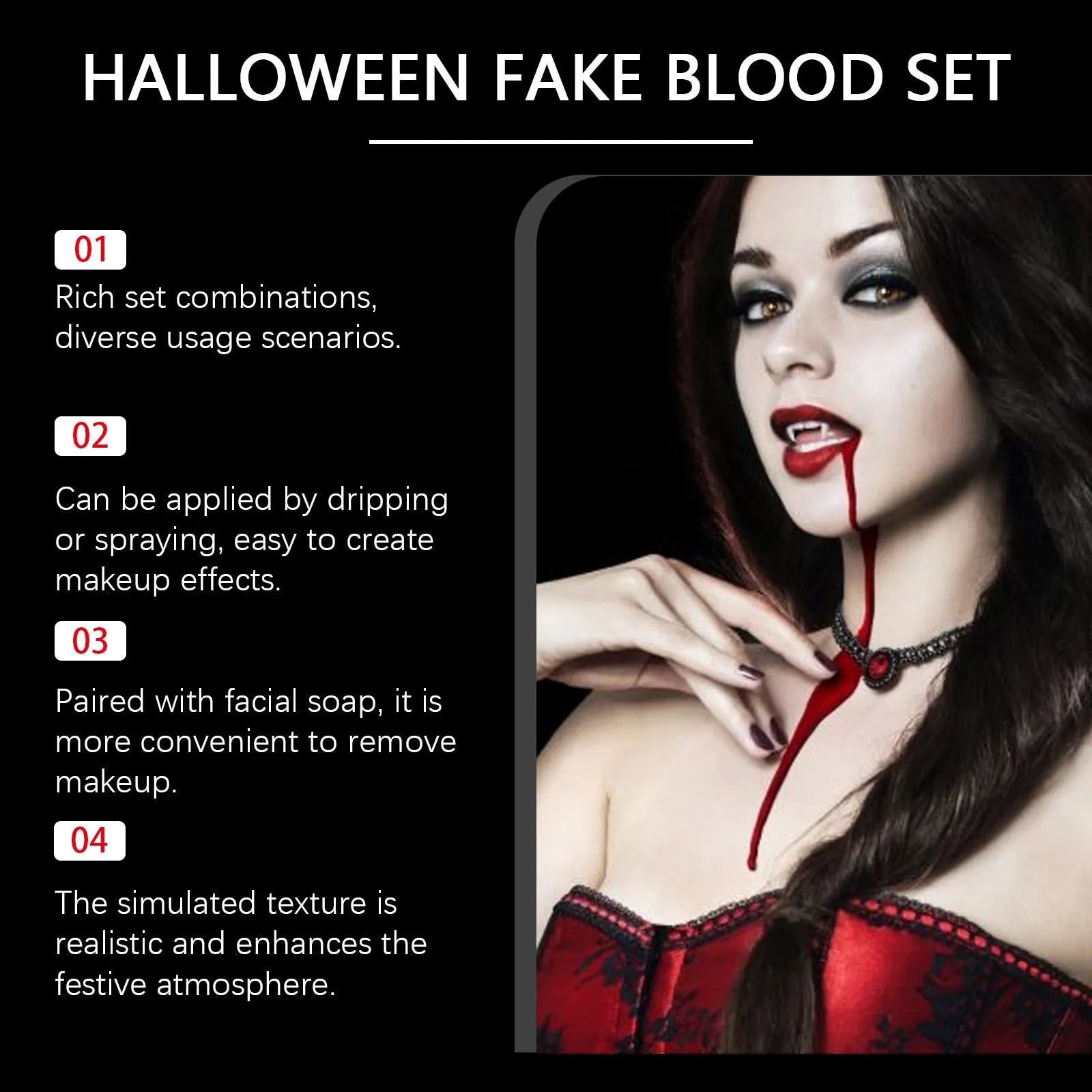 3-piece washable fake blood kit with plasma drops, spray, and facial soap for Halloween special effects