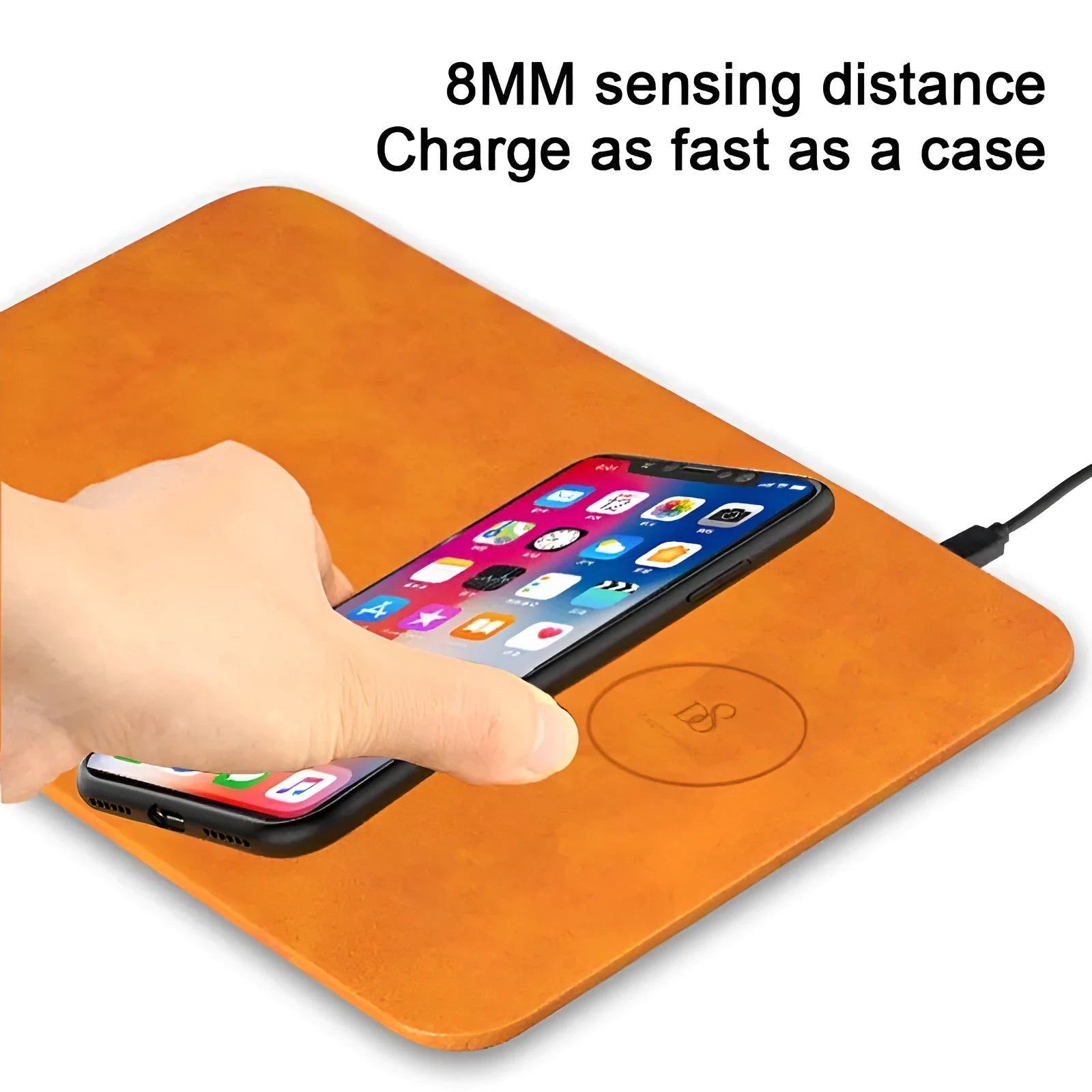 Brown leather-look mouse pad with integrated wireless fast charging area.