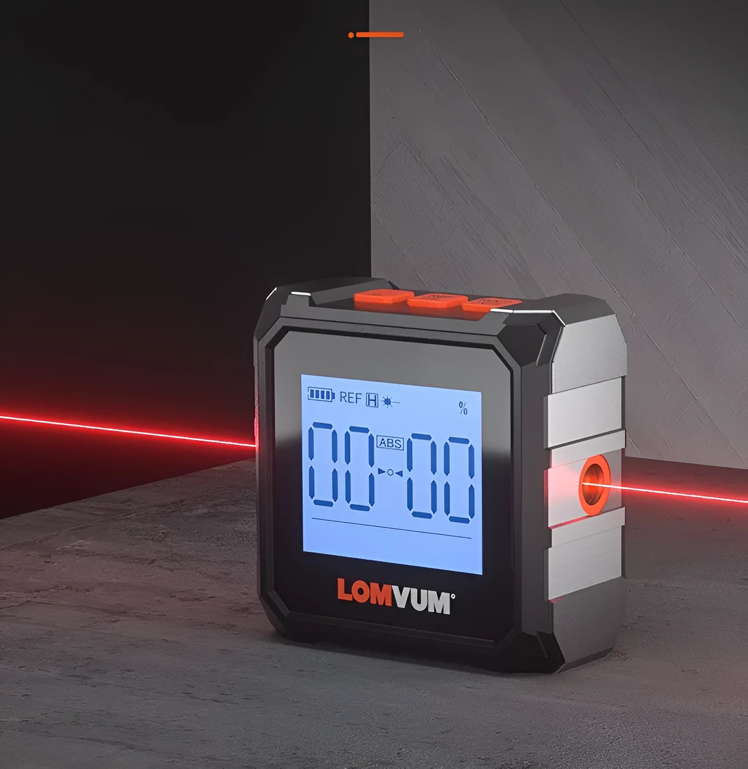 Digital laser inclinometer tool with alloy casing and backlit display on a metal surface.