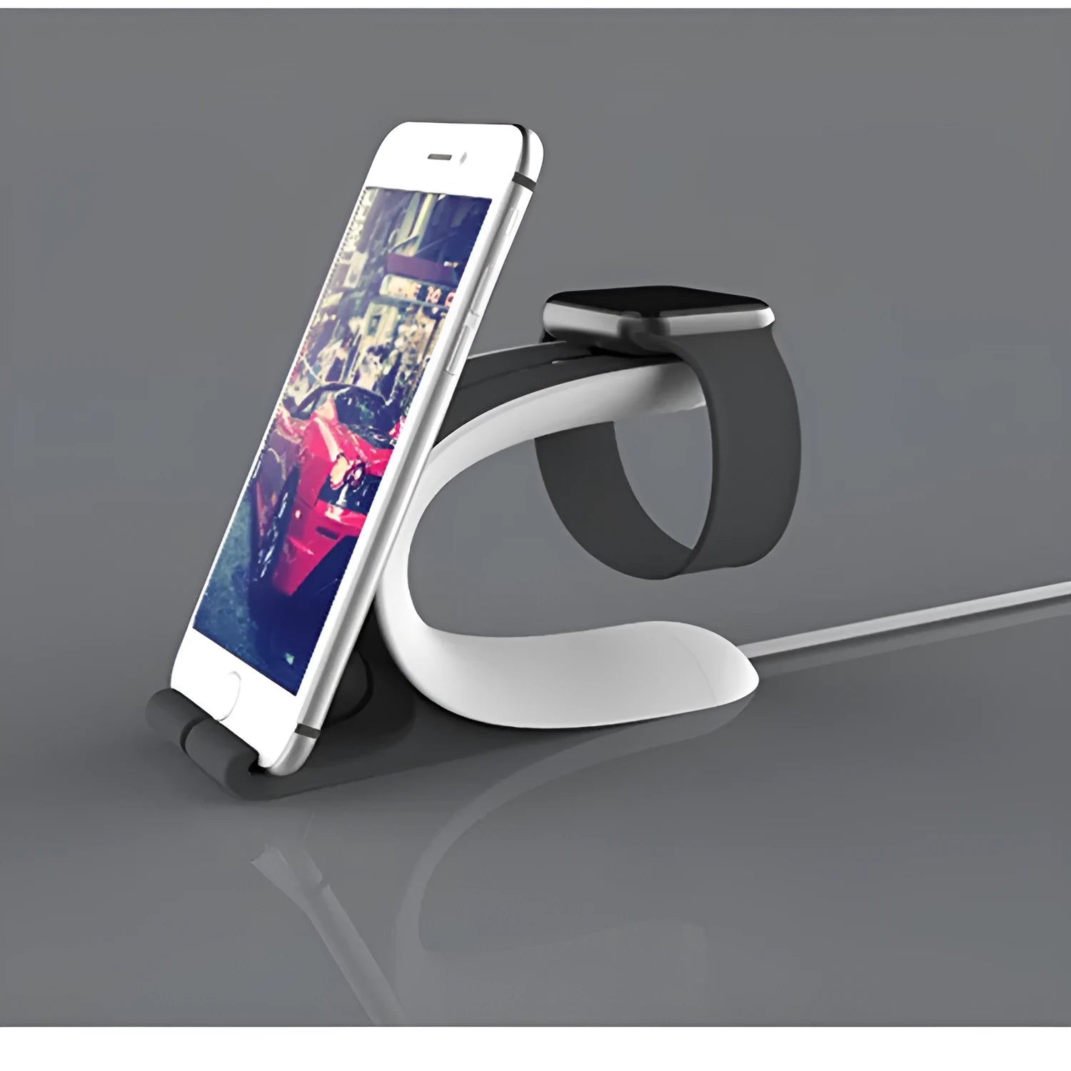 Grey desktop charging stand holding an Apple iPhone and an Apple Watch on charge.