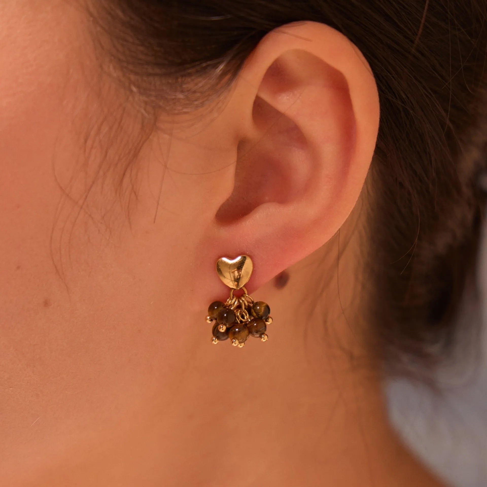 Ins Retro natural stone beaded earrings 18K gold electroplated stainless steel heart geometric shape women