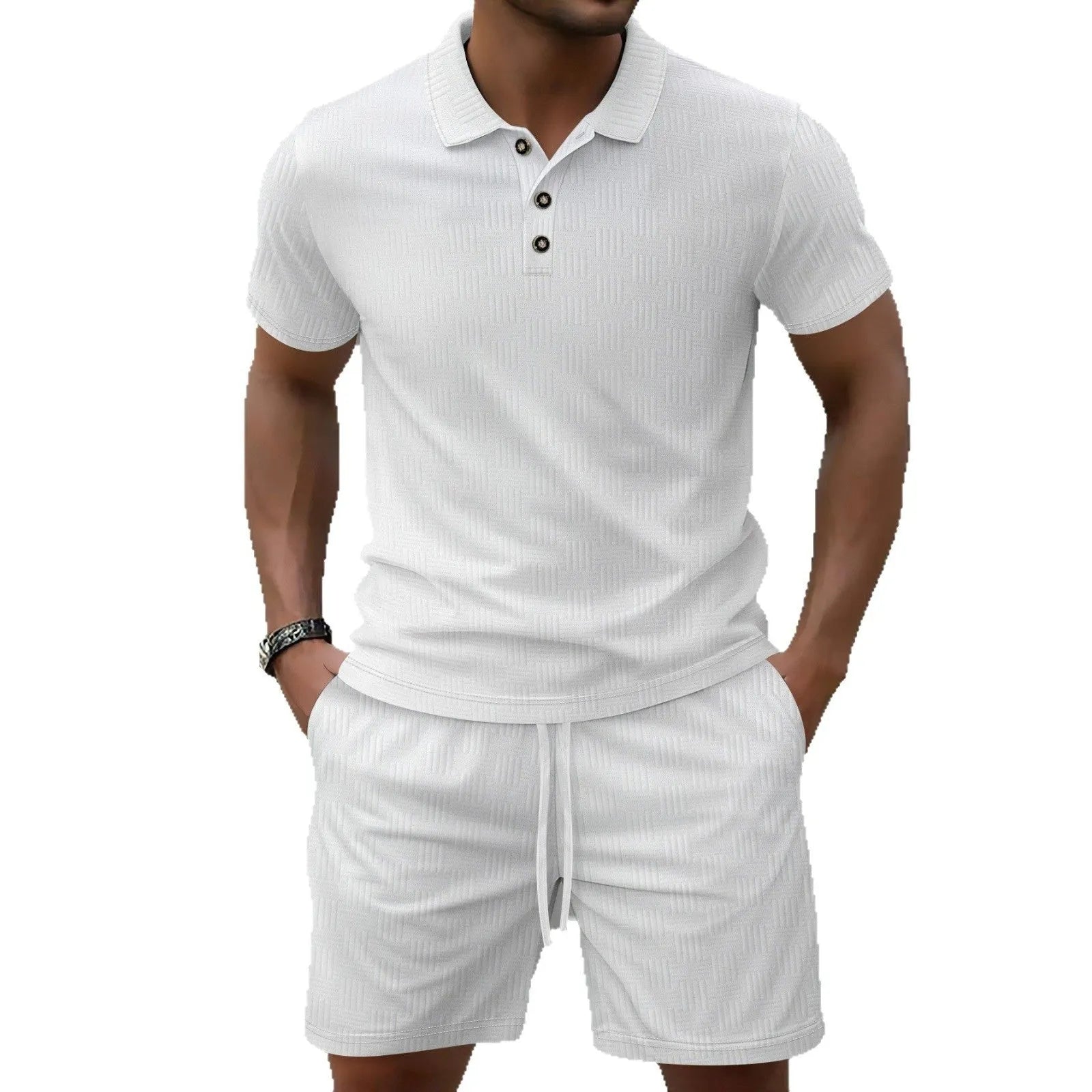 Men's jacquard casual short sleeve suit set with matching shorts in solid colour