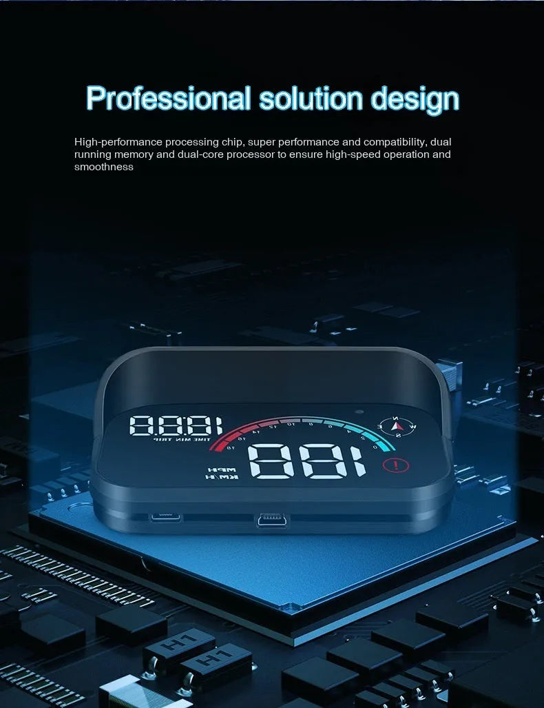 Black universal car head-up display GPS projector showing speed and compass data projection