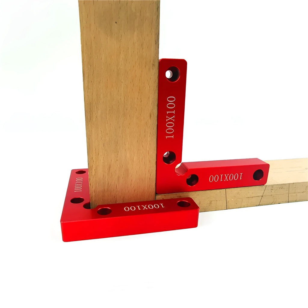 Aluminium alloy right angle woodworking positioning block for jigsaw clamping.
