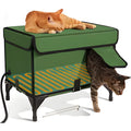 Green foldable cloth cat cage with heating insulation showing S M L size options for outdoor pet containment